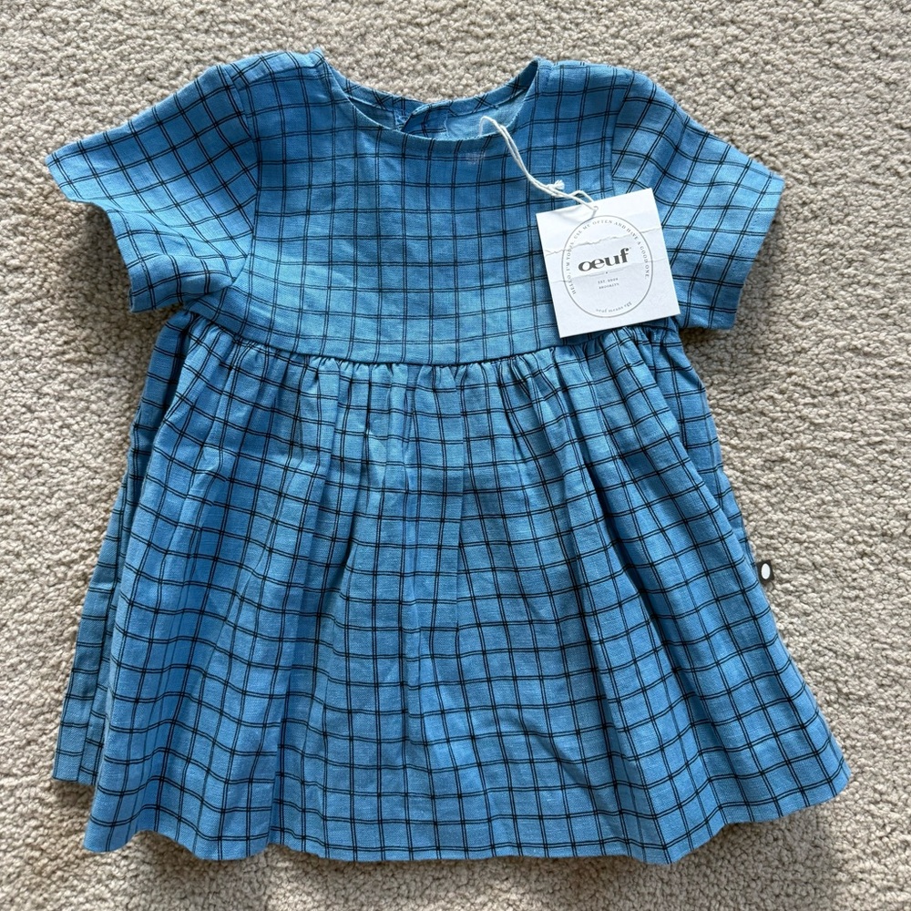 NWT Oeuf Plaid Dress 12M Blue Black Grid Print Short Sleeve